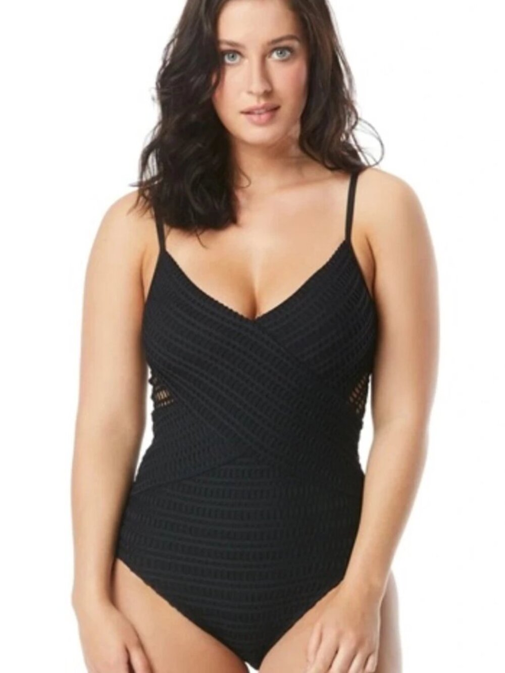 Contours Coco Reef Black Crochet Sterling V-Neck 1PC Swimsuit - SZ 14/38C